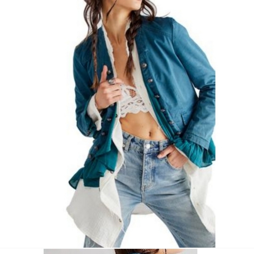 Revolve free people ruffles romance open front jacket in teal